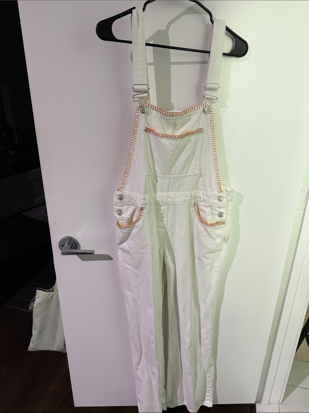 Zara White Overalls with Orange Contrast Stitching